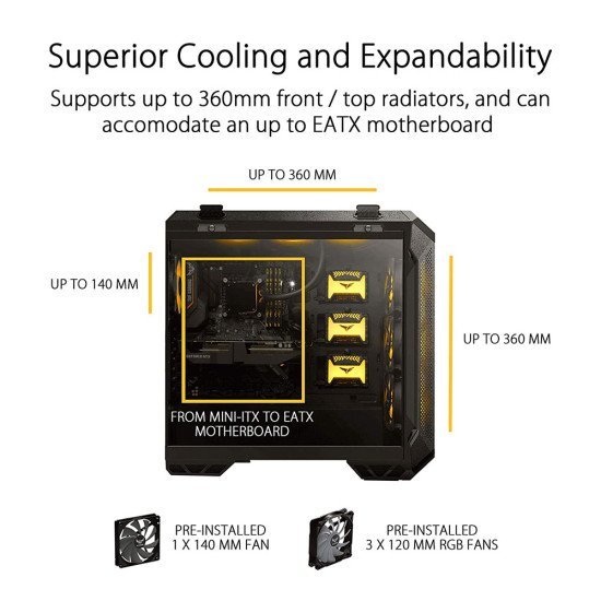 ASUS TUF Tempered Glass Gaming GT501 Mid-Tower Compact Case for ATX Motherboards with Honeycomb Front Panel ASUS TUF Tempered Glass Gaming GT501 Mid-Tower Compact Case for ATX Motherboards with Honeycomb Front Panel